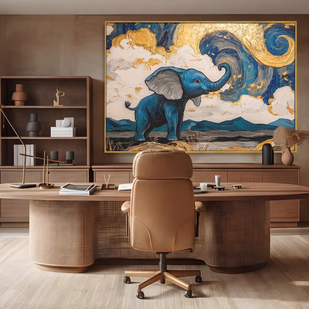 Tablou canvas cu tablou canvas cu elefant albastru, in rama de aluminiu auriu, pe perete intr-un birou